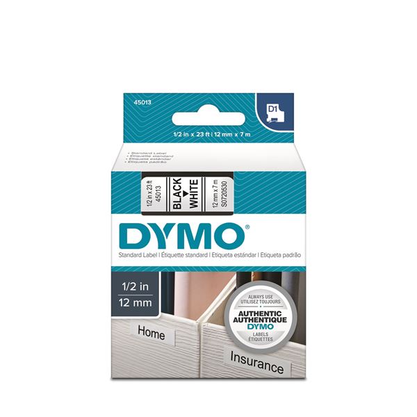 DYMO Genuine D1 Label Cassette Tape 12mm x 7m BLACK ON WHITE Also Known As: 45013