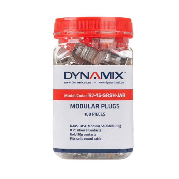 DYNAMIX RJ45 100pc Jar, 8P8C Shielded Modular Plug. 50 Micron. Compatible with Stranded and Solid Cable.