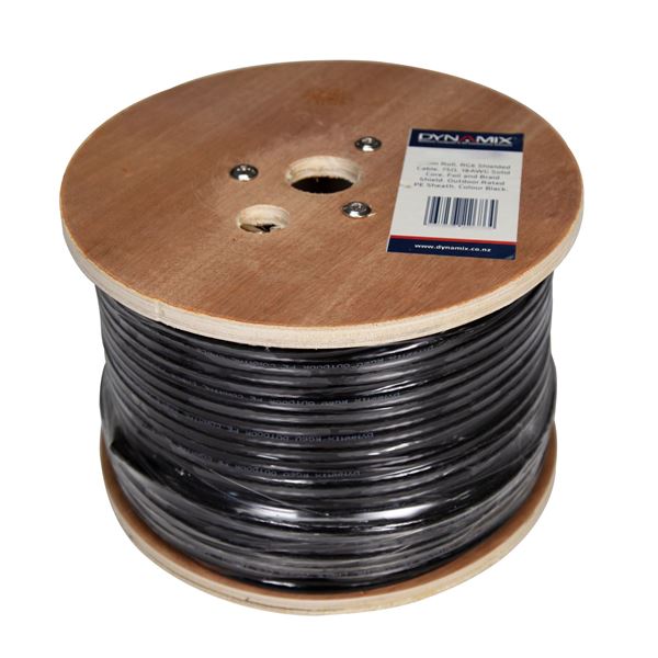 DYNAMIX 152m Roll RG6 Shielded Cable. Black. 75ohm. 18AWG solid core. Foil and braid shield.
