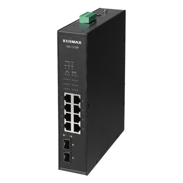 EDIMAX Industrial 10-Port Gigabit PoE+ DIN Rail Switch. 8 x Gigabit Ethernet Ports, 2 SFP Uplink Port. PoE up to 200m at 10Mps. QoS 802.1p for Video & Voice Traffic Priority. Supports up to 30W per port. IP30.