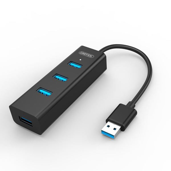 UNITEK USB 3.0 4-Port hub. Super Speed Data Transfer Rate up to 5Gbps. Plug and play. LED Indicator. Includes Optional Power Port (Micro USB).