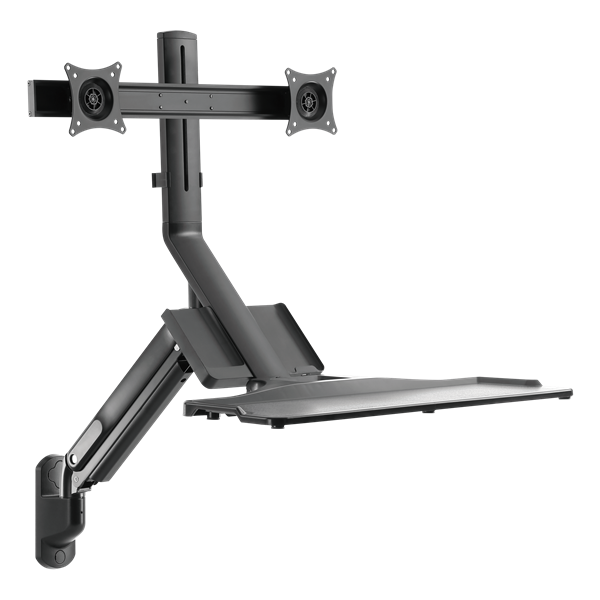 BRATECK 17-27" Wall Mount Dual Monitor Gas Spring Sit-Stand Workstation. Folding Keyboard Tray. Counter-Balance Gas Spring. Integrated Ball-Joint. 2nd Storage Tray. Easy Height Adjust.
