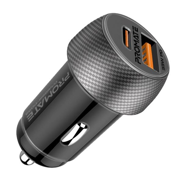 PROMATE 33W Ultra-Fast Dual Port Compact In-Car Phone Charger. 1x 18W QC 3.0 USB-A Port, 1x 20V/1.5A USB-C Port, Charge Two Devices Simultaneously, Built-in Surge Protection & Temp Control.