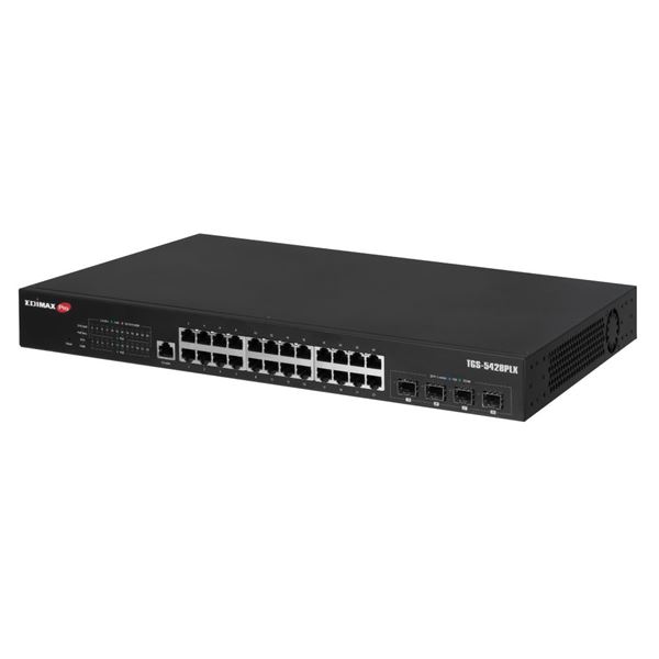 EDIMAX 28 Port 2.5GbE PoE++ L2 with 4x 10GbE SFP+ Ports Surveillance VLAN Switch. Supports up to 90W per Port (Total Power Budget: 400W). Range up to 200m at 10Mbps. Rack Mount Kit Included.