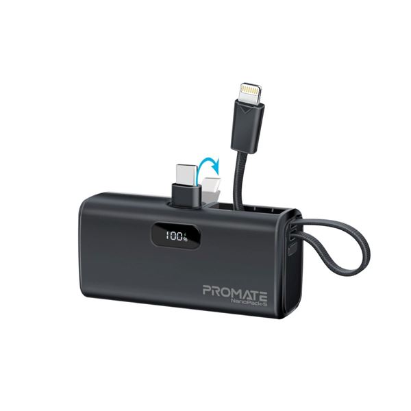 PROMATE 5000mAh Pocket-sized Fast Charging Power Bank with Foldable USB-C Connector & Built-in Lightning Cable. Supports 20W PD. Built-in Kick Stand. Smart LED Screen. Black Colour.