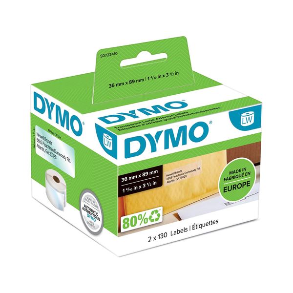 DYMO Genuine LabelWriter Large Address Labels 36mm x 89mm Clear Plastic, 260 lables/ roll, 1 Roll Pack