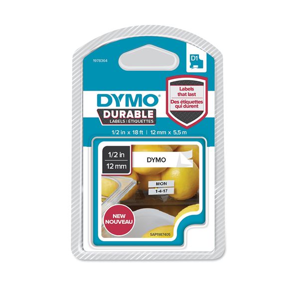 DYMO Genuine D1 Extra-Strength Durable Labels. 12mm x 5.5m Black on White. Stronger than standard D1 labels. Dishwasher safe, Extra strength adhesive, Chemical, solvent, oil, & water resistant.