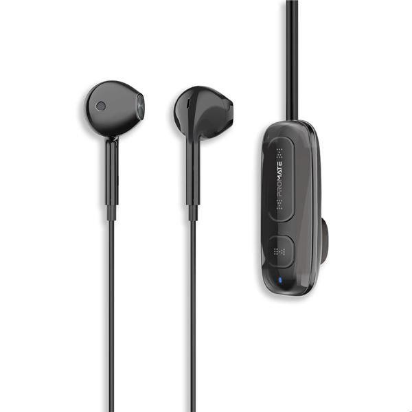 PROMATE Clip-On BT Wireless Dynamic Earphones with Magnetic Collar Clip Up to 12hrs Playtime, Inline Controls, Ergonomic Earbuds, 90mAh Battery Capacity, 10m Operating Distance. Black