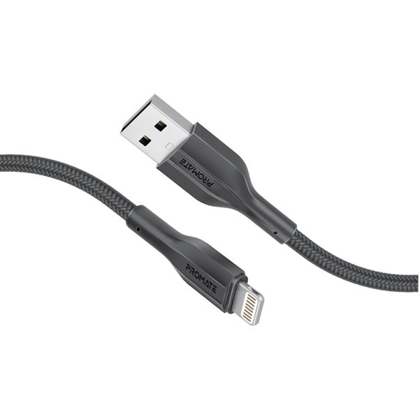 PROMATE 2M USB-A to Lightning Connector Super Flexible Cable. Supports 2A Charging & 480Mbps Data Transfer. Black Colour.