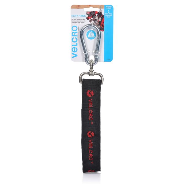 VELCRO Easy Hang 830mm Strap with Hook. Store and Hold up to 120Kgs. Simply find a suitable anchor point then Easy Store Bikes, Ladders, Extension Cords, Sporting Equipment & much more. Black Colour