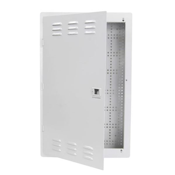 DYNAMIX 20'' Network Enclosure, Recessed Wall Mount, Vented Lid, Cable/Dual GPO Knock outs. Installs: 400mm Centre Stud. Cut out OD: 355 x 525 x 90mm. Incl. JUNE PROMO - FREE Cat6 Patch Panel