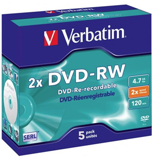 Verbatim DVD-RW offers 4.7GB or 120 Minutes of re-recordable storage capacity, superior recording quality, and compatibility with 2X to 4X DVD-RW writers. Verbatim 2X-4X DVD-RW is ideal for archiving or backing up 4.7GB of data or 120 minutes of DVD-quality video.