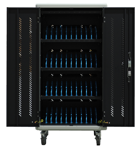Ideal for transporting, securing, protecting and charging up to 40 Tablets or Chromebooks, 40x USB port charging (5V/2.0A per port), 40x AC power socket (Max 2400w), Built-in power supply for constant current and constant voltage; leakage protection and overload protection, External Master Power Switch and Breaker, Lockable - 4 keys included, Large Wheels with brakes and included handles make maneuvering easy, 3 x cooling fan (can be turned off), Fits notebooks up to 35mm wide,  Modular Notebook/Tablet Dividers - can be removed, 35mm  Dimensions - 600mm (w) x 600mm (d) x 1110mm (h)</br></br>Does not come with device charging cables