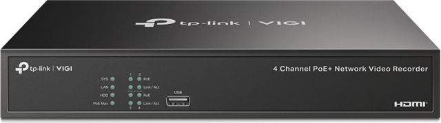 4 Channel PoE Network Video Recorder</br></br>SPEC: H.265+/H.265/H.264+/H.264, Up to 8MP resolution, </br>Decoding capability/4-ch @4MP,80 Mbps Incoming Bandwidth(up to 4 channels),</br>4× 10/100 Mbps PoE+ Ports, Max Output 53W, 802.3 af/at,</br>1× SATA Interface(up to 10 TB), 2× USB 2.0, 1× HDMI port(Up to 4K), 1× VGA port, 53.5V DC/1.31A</br></br>FEATURE: Auto Initialization, Smart Detection Configuration & Alarm, Two-Way Audio, Simultaneous Playback, ONVIF, Remote Monitoring, VIGI App, Web, VIGI Security Manager"</br>
