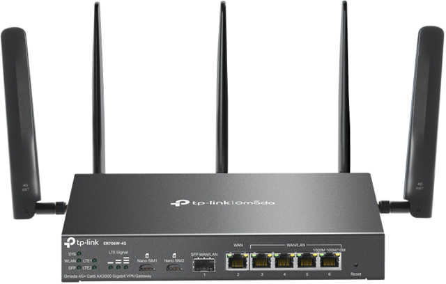 Support 4G+ Cat6: Insert a Nano SIM card to enjoy up to 300 Mbps.**</br>    AX3000 Dual-Band Wi-Fi 6: Supports 2402 Mbps on 5 GHz and 574 Mbps on 2.4 GHz*</br>    6 Gigabit Ethernet Ports: Provide high-speed wired connectivity.</br>    5 High-Gain Detachable Antennas: Extend and concentrate the Wi-Fi signals.</br>    Centralised Management: Cloud access and the Omada app for easy management.</br>    Omada Mesh: Seamlessly connects to EAPs that support mesh technology.*?</br>    High-Security VPN: Supports IPSec / SSL / WireGuard / OpenVPN / PPTP / L2TP VPN.?</br>