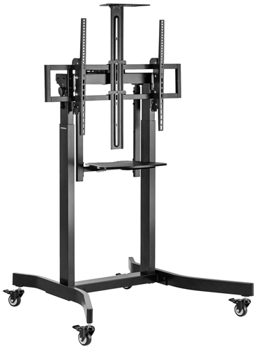 Introducing the Advanced Motorized and Moveable Large TV Trolley, the ultimate solution for flexible and stylish TV placement. This deluxe motorized TV cart features a powerful lifting motor for smooth, quiet, and effortless height adjustment, along with a versatile tilt function (+5&deg; to -10&deg;) for optimal viewing angles. The sturdy equipment shelf and camera mount provide added convenience, while the 2-memory RF remote control allows you to raise or lower your TV from a distance. This robust cart supports screens from 50" to 100" and accommodates VESA sizes up to 800 x 600 mm, with an impressive weight capacity of 120kg/264lbs. With locking casters for smooth, floor-friendly movement, this TV trolley combines functionality and elegance, making it perfect for home theaters, presentations, or professional setups. Elevate your viewing experience today!