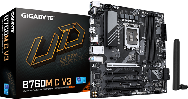LGA1700 socket: Support for the 14th, 13th, and 12th Generation Intel® Core™, Pentium® Gold and Celeron® Processors</br>Intel® B760 Express Chipset</br>4 x DDR5 DIMM sockets supporting up to 256 GB (64 GB single DIMM capacity)of system memory</br>1 x HDMI port, supporting a maximum resolution of 4096x2160@60 Hz</br>1 x DisplayPort, supporting a maximum resolution of 4096x2304@60 Hz</br>High Definition Audio 2/4/5.1/7.1-channel</br>Realtek® GbE LAN chip (1 Gbps/100 Gbps/10 Mbps)</br>Realtek® Wi-Fi 6 RTL8851BE - WIFI a, b, g, n, ac, ax, supporting 2.4/5 GHz carrier frequency bands, - BLUETOOTH 5.3</br>- 1 x PCI Express x16 slot, supporting PCIe 5.0 and running at x16 (PCIEX16)</br>- 1 x PCI Express x16 slot, supporting PCIe 3.0 and running at x4 (PCIEX4)</br>- 2 x PCI Express x16 slots, supporting PCIe 3.0 and running at x1(PCIEX1_1/2)</br>- 1 x M.2 connector (Socket 3, M key, type 22110/ 2280 PCIe 4.0 x4/x2 SSD support) (M2A_CPU)</br>- 1 x M.2 connector (Socket 3, M key, type 2280 PCIe 4.0 x4/x2 SSD support)(M2P_SB)</br>- 2 x M.2 connectors (Socket 3, M key, type 2280 PCIe 3.0 x1 SSD support)(M2X_SB, M2Y_SB)</br>- 4 x SATA 6Gb/s connectors RAID 0, RAID 1, RAID 5, and RAID 10 support for SATA storage devices</br>1 x PS/2 keyboard/mouse port</br>2 x antenna connectors (1T1R)</br>1 x HDMI port (Note)</br>1 x DisplayPort (Note)</br>1 x USB 3.2 Gen 2 Type-A port (red)</br>1 x USB Type-C® port, with USB 3.2 Gen 2x2 support</br>4 x USB 2.0/1.1 ports</br>1 x RJ-45 port</br>3 x audio jacks</br>Micro ATX Form Factor; 24.4cm x 24.4cm