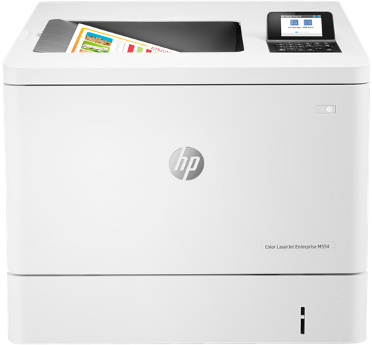 HP Color LaserJet Enterprise LaserJet Enterprise M554dn Color Printer, Ethernet Only; Duplex. Print technology: Laser, Colour. Number of print cartridges: 4, Maximum duty cycle: 80000 pages per month. Maximum resolution: 1200 x 1200 DPI. Maximum ISO A-series paper size: A4. Print speed (black, normal quality, A4/US Letter): 33 ppm, Duplex printing. Display: LCD. Network ready. Product colour: White</br>    Front-facing USB printing; Two-sided printing</br>    Print</br>    Print speed up to 33 ppm (black) and 35 ppm (colour)</br>    HP ImageREt 3600