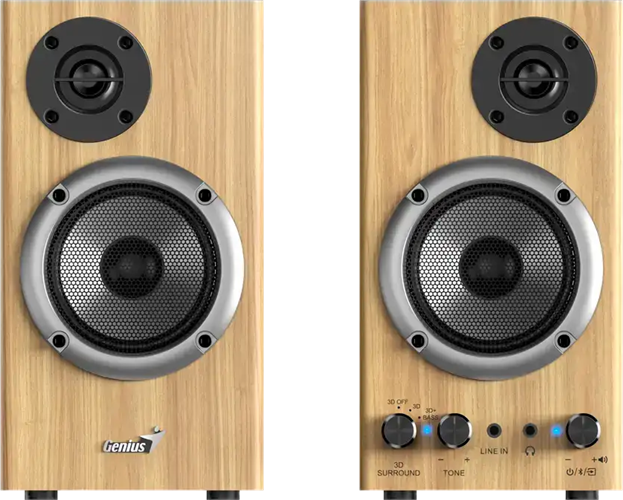 Delivering 20W RMS output and 3D surround sound, these two-way speakers combine premium audio performance with a natural pine wood-coloured design. Featuring Bluetooth connectivity for wireless streaming and a headphone jack for private listening, they offer versatility for home or office setups. Perfect for those who value both style and immersive sound.