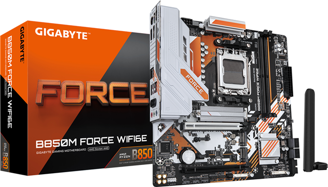 GIGABYTE B850M FORCE WIFI6E AM5 MOTHERBOARD, 2x DIMMs, Dual Channel DDR5, 1 x PCIe 5.0 x16 Slot, 1 x PCIe 4.0 x4 slot, 1 x PCIe 5.0 M.2 Slot, 2 x PCIe 4.0 M.2 Slots, 2 x USB 2.0, 2 x USB 3.2 Gen 1, 1 x USB 3.2 Gen 1 Type-C&reg;, Wi-Fi 6E 802.11 ax.</br></br></br></br>