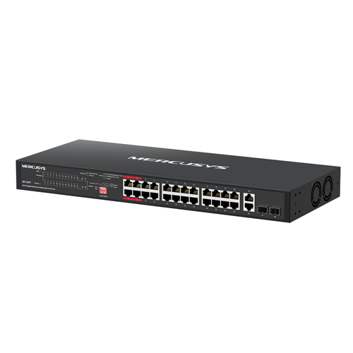 28-Port Gigabit Rackmount Switch with 24-Port PoE+</br>Full Gigabit Ports: 24&times; Gigabit PoE+ ports, 2&times; Gigabit uplink ports, and 2&times; Gigabit SFP slots</br>High Power PoE+: Support PoE Power up to 30 W for each PoE port and 295 W for all PoE ports. Working with IEEE 802.3af/at compliant PDs</br>