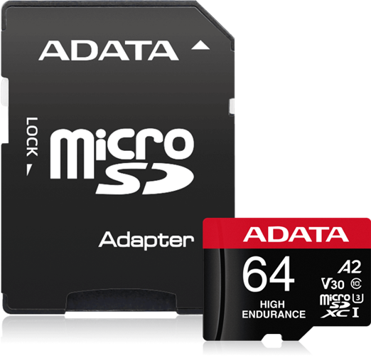 High Endurance microSDXC/SDHC UHS-I Card 64GB RETAIL W/1 ADAPTER, SD 6.0, UHS Speed : Class 3, Speed Class : Class 10, Video Speed Class : V30, Application Performance Class : A2, up to 100MB / 80MB per sec, Operating Temperature	-25&deg;C ~ 85&deg;C,</br>Recording Full HD at 26 Mbps at 30 degrees :up to 10,000 hours of video with 64GB card, 117TBW