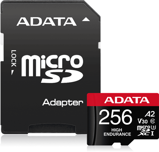 High Endurance microSDXC/SDHC UHS-I Card 256GB RETAIL W/1 ADAPTER, SD 6.0, UHS Speed : Class 3, Speed Class : Class 10, Video Speed Class : V30, Application Performance Class : A2, up to 100MB / 85MB per sec, Operating Temperature	-25&deg;C ~ 85&deg;C,</br>Recording Full HD at 26 Mbps at 30 degrees :up to 40,000 hours of video with 256GB card, 468TBW
