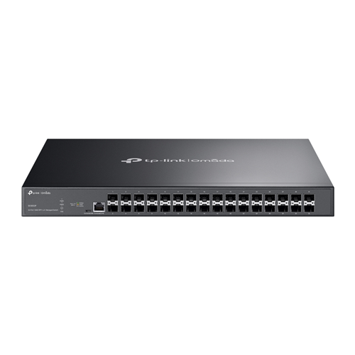 "Omada 32-Port 10GE SFP+ L2+ Managed Switch</br>PORT: 32&times; 10G SFP+ Slots, RJ45/Micro-USB Console Port</br>SPEC: 1U 19-inch Rack-mountable Steel Case</br>FEATURE: Integration with Omada SDN Controller, Static Routing, OAM, sFlow, DDM, 802.1Q VLAN, QinQ, STP/RSTP/MSTP, IGMP Snooping, 802.1p/DSCP, QoS, ACL, 802.1x, Radius/Tacacs+ Authentication, LACP, CLI, SNMP, Dual Image/Configuration, IPv6, Dual Redundant Power Supplies"</br>